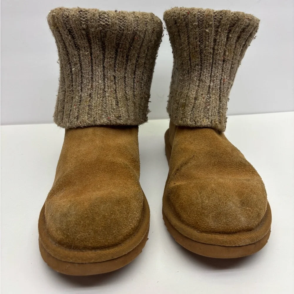 Ugg Suede Slip-On Boots with Knit Cuff - Tan, SZ 5 for big girl, box 29